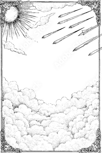 Vintage cosmic illustration of comets in hand drawn engraving style for decorative design