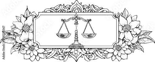 Vintage engraving style illustration of scales of justice with floral border for legal designs