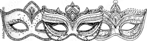 Vintage engraving style illustration of ornate masquerade costume mask design for festive events
