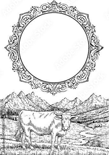 Vintage cow grazing scene with ornate circular frame in engraving style for design