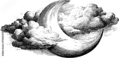 Vintage hand-drawn engraving of a crescent moon and clouds for retro design