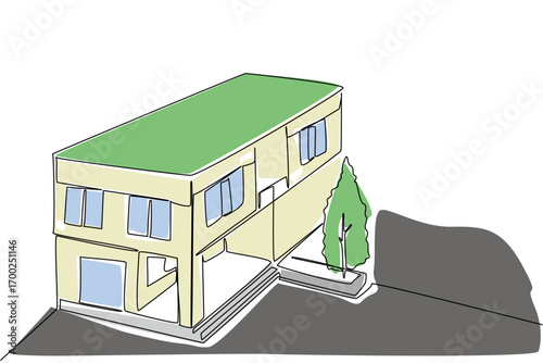 Continuous line drawing of a two-story apartment building topped with a green roof, showing sustainable urban living and eco-friendly housing solutions for World Green Roof Day, business concept.