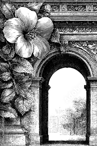 Vintage engraving style illustration of decorative floral and architectural design