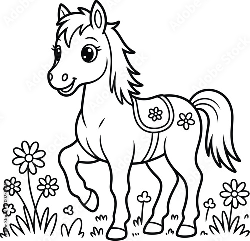 Adorable cartoon horse standing in a field of flowers perfect for children s coloring pages and educational materials