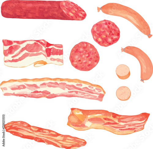 Vector watercolor illustration set of sausage, sausages, bacon, ham, salami, pepperoni, and assorted cold cuts
