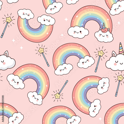 Seamless pattern of pastel rainbows, clouds, unicorns, and magic wands design, seamless pattern, royalty free stock.