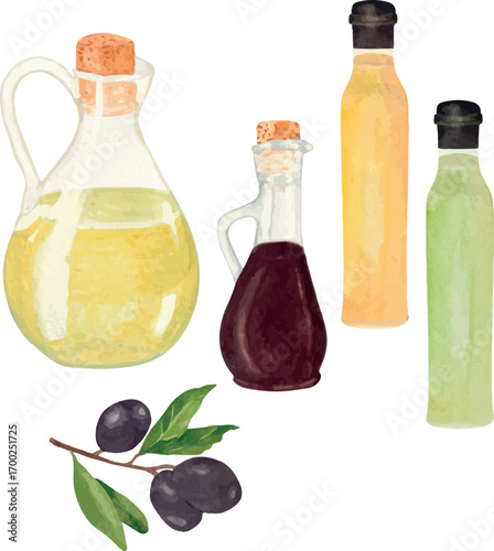 Vector watercolor illustration set of olive oil, oil carafe, oil bottle, balsamic vinegar, cold pressed oil, refined oil, pumpkin seed oil, and sesame oil