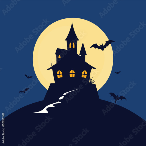 Spooky haunted house on a hill with bats flying around it against a full moon in the night sky