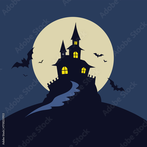 Spooky haunted house on a hill with bats flying around it against a full moon in the night sky