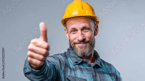 A construction worker with a yellow hard hat giving a thumbs up on a gray background studio shot