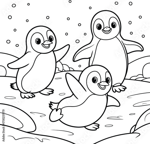 Three adorable cartoon penguins playing and waving in the snow with snowflakes falling around them