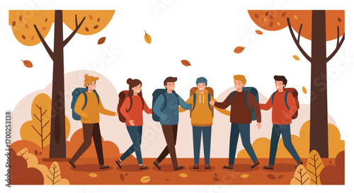 Group of friends hiking together in autumn.