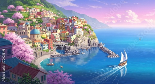 Colorful Coastal Village on Cliffside with Sailboat in Bright Blue Sea and Pink Blossom Trees