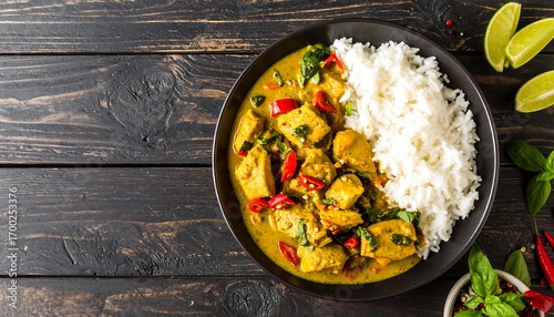 Chicken curry with rice on dark wooden table (1)