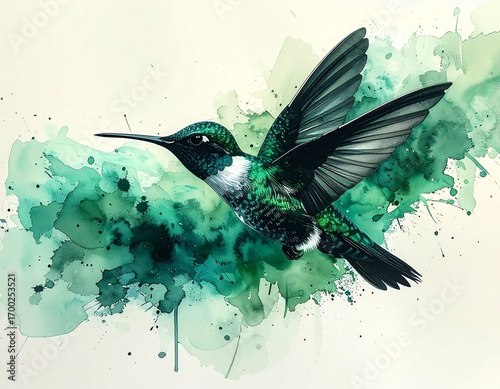 Dibujo  de un colibrí en vuelo hecho con trazos negros finos, sobre un splash de acuarela en tonos verde y turquesa