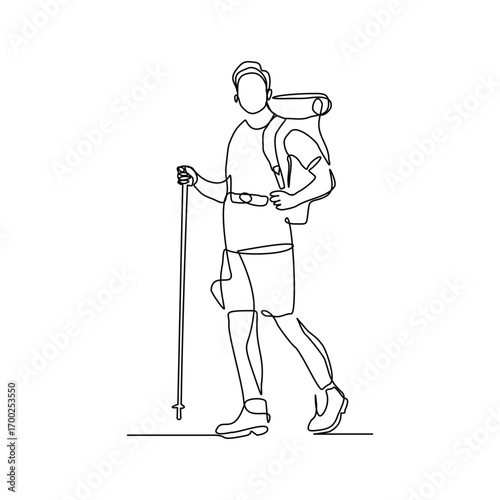 Continuous line drawing of traveling people with backpack. Single one line art of man success to hiking on top of mountain. Vector illustration editable stroke