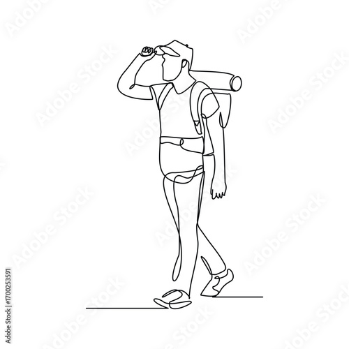 Continuous line drawing of traveling people with backpack. Single one line art of man success to hiking on top of mountain. Vector illustration editable stroke