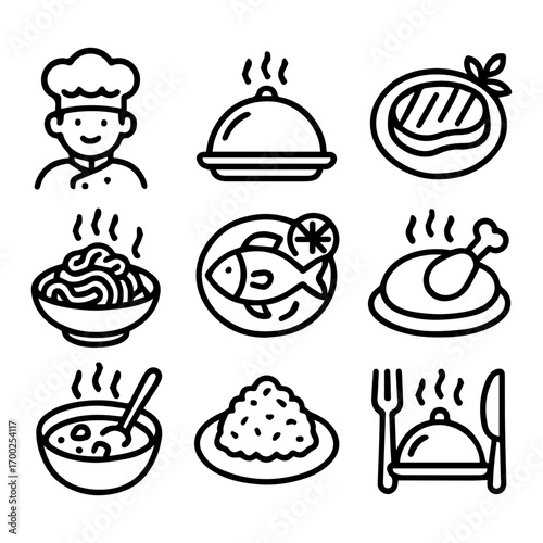 Simple Black and White Food Icons Depicting Various Dishes and Chef.
