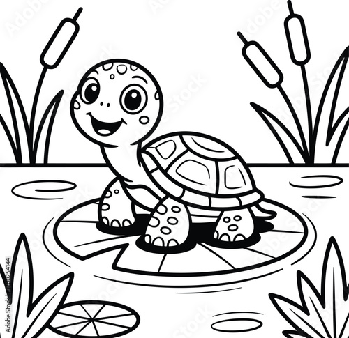 Adorable cartoon baby turtle smiling happily on a lily pad surrounded by reeds and water plants in a simple line drawing style