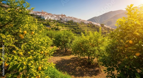 Lemon Orchard with Green Trees on Hillside Under Bright Blue Sky in Sunny Landscape