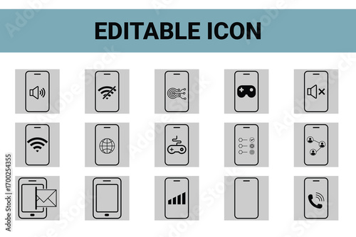 A grid of editable smartphone icons showcasing various functions like wifi, volume control, gaming, messaging, and calls, all presented clearly for design use.