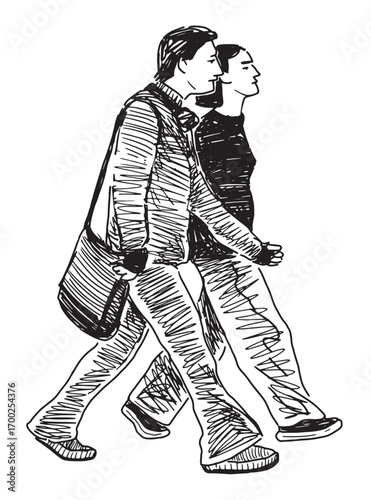 Couple casual young modern citizens striding outdoors together, sketch, realistic hand drawing, vector illustration