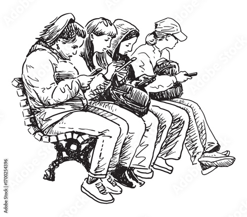 Four casual young city girls sitting on street bench and looking at smartphones, realistic sketch, vector outline hand drawing