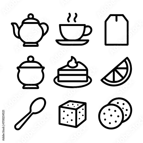 Simple Line Art Icons of Tea Cake and Biscuits.