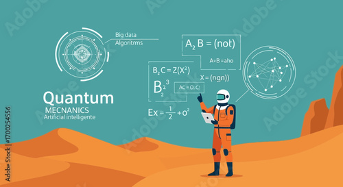 Astronaut explores quantum mechanics and artificial intelligence on a martian landscape
