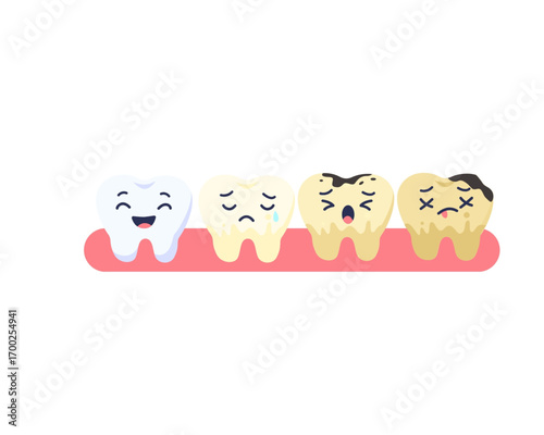 Illustration showing the stages of tooth decay with cute cartoon characters, from a clean healthy tooth to a sad dead tooth with cavities