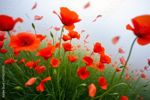 Expressive floral scene of red poppies moving in the wind, perfect for nature, art, and decorative use.