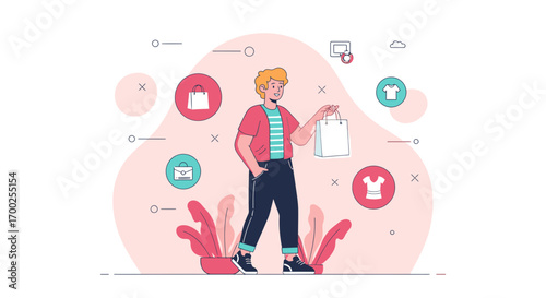Man with shopping bag and clothes icon for online shopping or e-commerce flat vector illustration