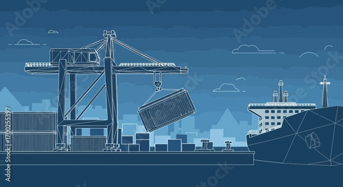 Blue wireframe illustration of a container ship, crane, and shipping containers at a port