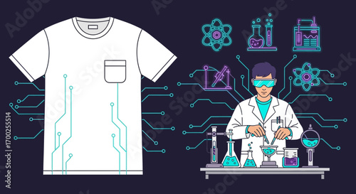 Modern Science and Technology Concept, T-Shirt Design with a Scientist in a Lab Setting