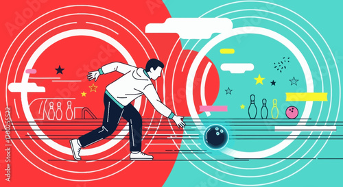 Dynamic bowling illustration featuring a man throwing a ball with graphic elements