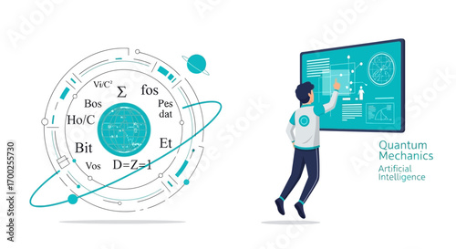 Illustration depicting quantum mechanics and artificial intelligence concepts interface