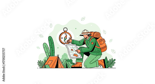 Illustration of a backpacker using a compass and map during outdoor adventure