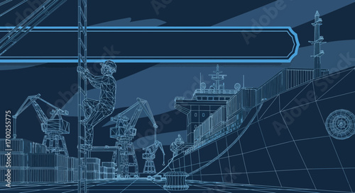 Blueprint style illustration of shipping port and worker climbing a ladder on a ship