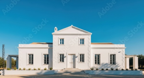 White Mediterranean Style House with Symmetrical Design and Blue Sky Background