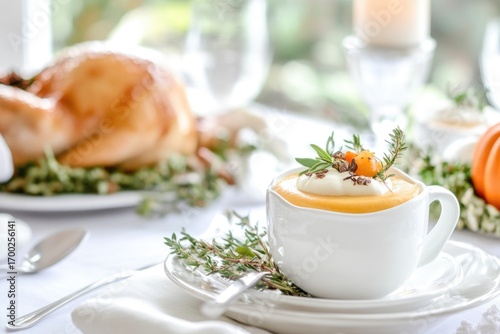 Autumn pumpkin soup on elegant table setting with seasonal decor and cozy ambiance