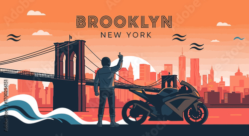 Brooklyn New York cityscape illustration featuring a motorcyclist and the Brooklyn Bridge