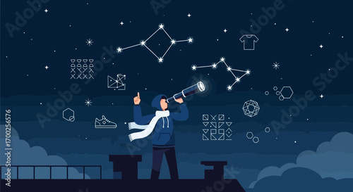 Illustration of a man on a roof looking at the stars through a telescope and dreaming about icons