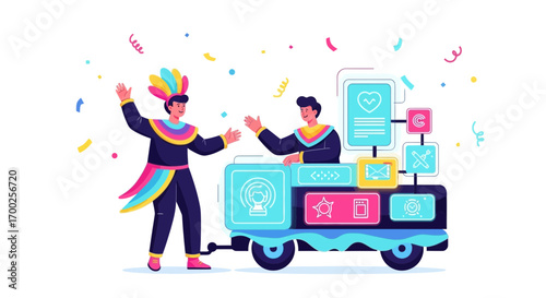 Carnival parade of digital technology and online service applications illustration