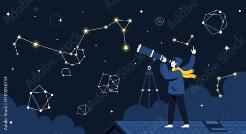 Illustration of a person observing constellations with a telescope on a rooftop astronomy