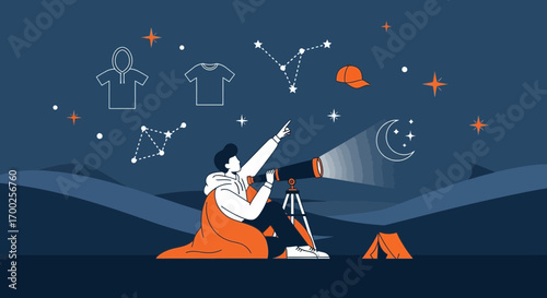 Illustration of a person stargazing through a telescope under a starry night sky scene