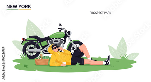 Relaxing day in Prospect Park, New York with a motorcycle and picnic setup for leisure and