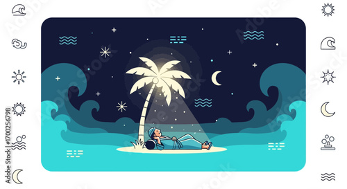 Relaxing Night at Tropical Island Scene with Person and Palm Tree Illustration