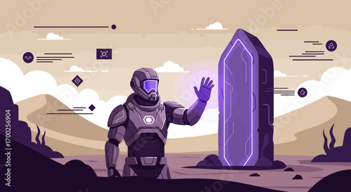 Futuristic astronaut touching a monolith on an alien planet in a desert landscape