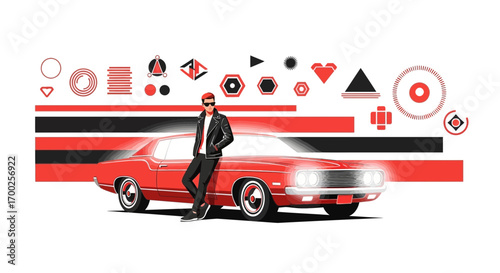 Retro style vector illustration featuring a man leaning on a classic red car with geometric