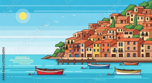 Colorful Coastal Village with Boats and Sunny Sky in Mediterranean Style